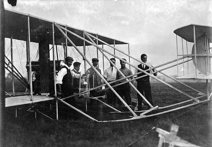 Orville Wright (third from left) and the original exhibition team at Simms Station, Ohio.