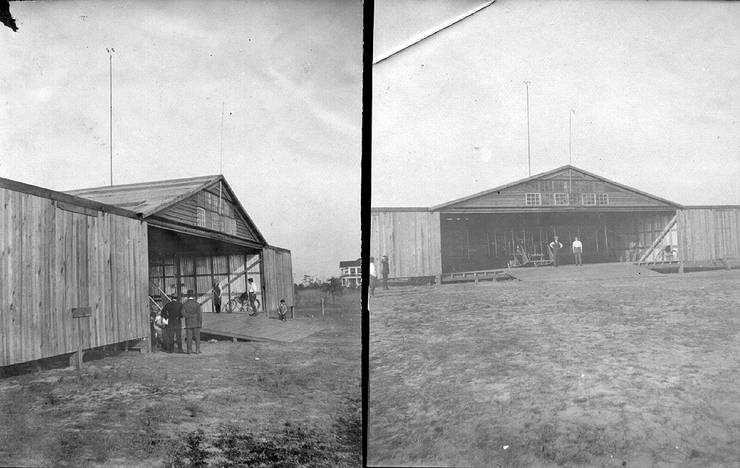 Two views of a hangar with a Model B inside.