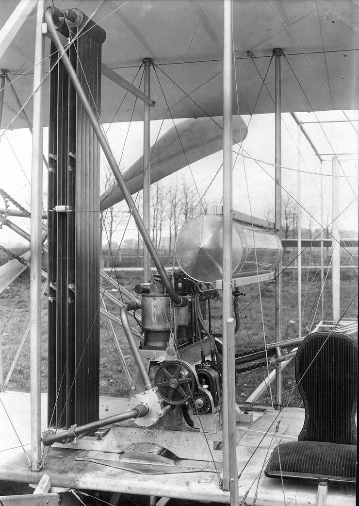 Powerplant of unidentified Wright aircraft.  From left: radiator, engine, fuel tank.