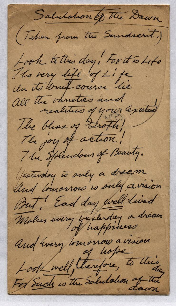 Sanskrit poem copied onto an envelope, found in the scrapbook.