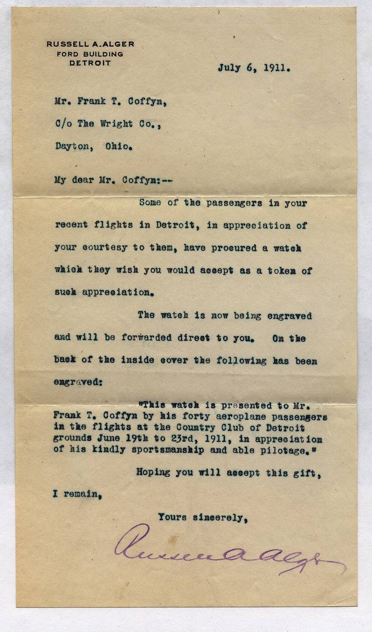 Letter from Russell Alger to Frank Coffyn.