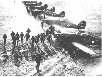 British pilots running to planes