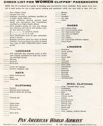 Check list for women clipper passengers