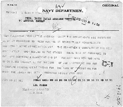 Telegram acknowledging Byrd's promotion to Rear Admiral