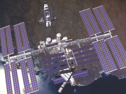 Artist's concept of Phase III of the International Space Station with the Shuttle approaching